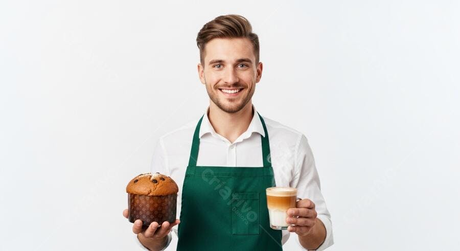 Homem barista sorrindo com panetone e café festivo