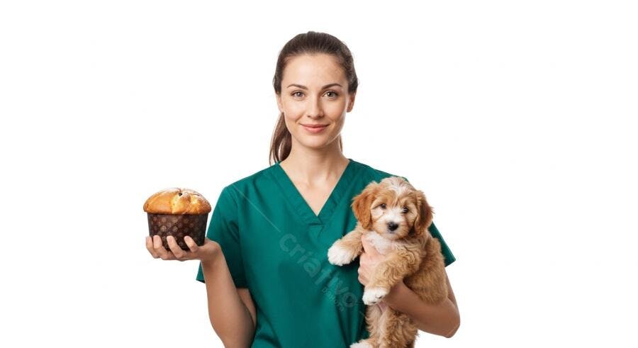 Mulher veterinária sorrindo com filhote de cachorro marrom claro e panettone de Natal