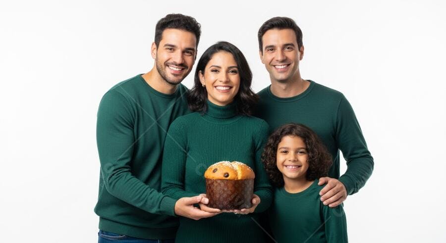 Família feliz com panettone em suéteres verdes celebrando o Natal
