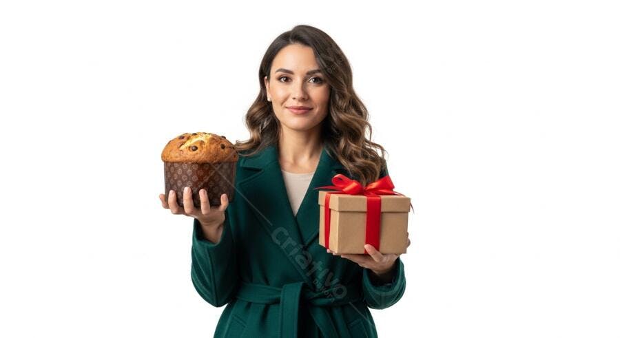 Mulher sorrindo em casaco verde segurando panetone e presente de Natal