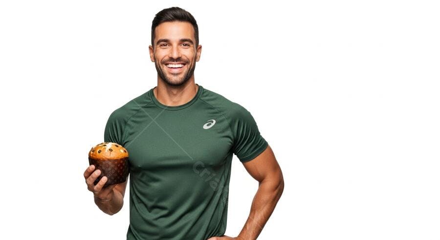 Homem sorridente com panettone de Natal e camiseta esportiva verde