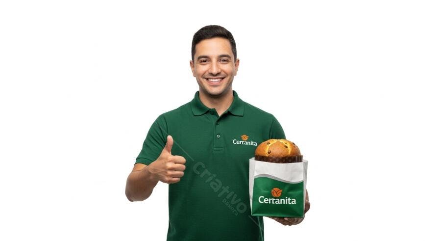 Homem feliz de polo verde segurando panetone Certanita e fazendo positivo gesto