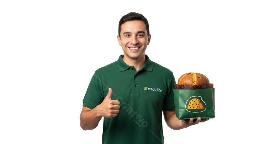 Homem latino sorrindo com panetone e camiseta verde dando polegar positivo