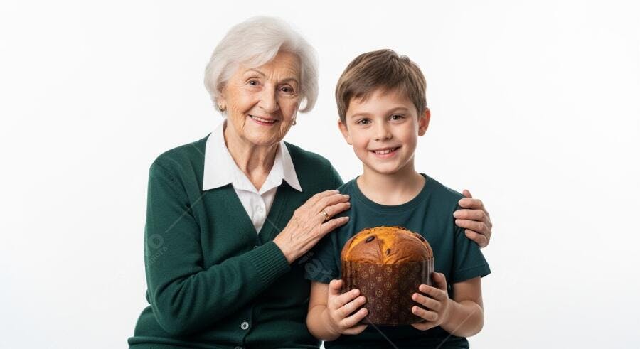Avó e neto sorridentes com panetone tradicional de Natal em estúdio branco