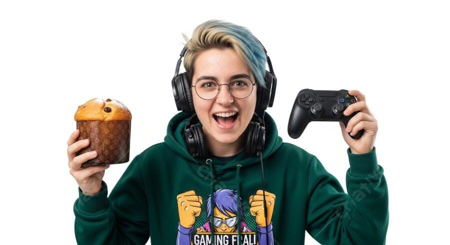 Jovem gamer feliz com cabelo azul segurando panetone e controle em estúdio branco