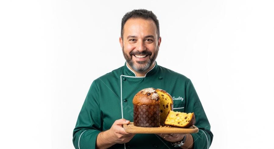 Chef sorridente com barba segurando panettone artesanal em jaqueta verde