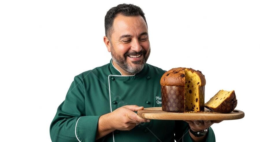 Chef sorridente com panetone e fatia em tábua de madeira fundo branco Natal