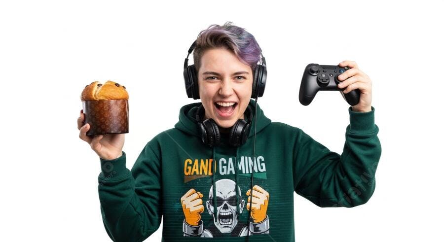Jovem gamer feliz de cabelo roxo com panettone e controle de videogame