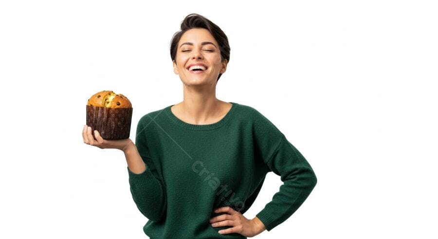 Mulher feliz de suéter verde segurando mini panettone em fundo branco