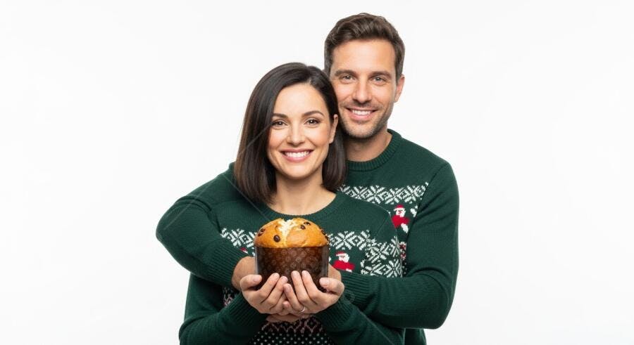 Casal feliz caucasiano segurando panetone em suéteres de Natal verdes