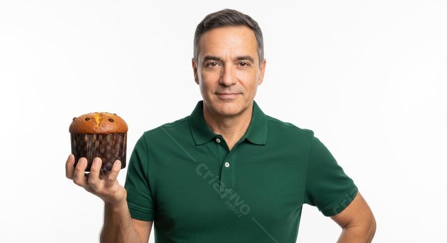 Homem adulto caucasiano sorrindo segurando panettone de chocolate camisa verde