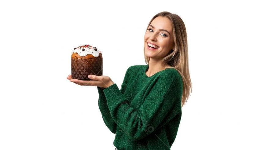 Mulher sorridente loira com suéter verde segurando bolo de Páscoa com glacê e confeitos