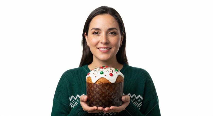 Mulher morena sorridente com suéter verde segurando panetone de Natal