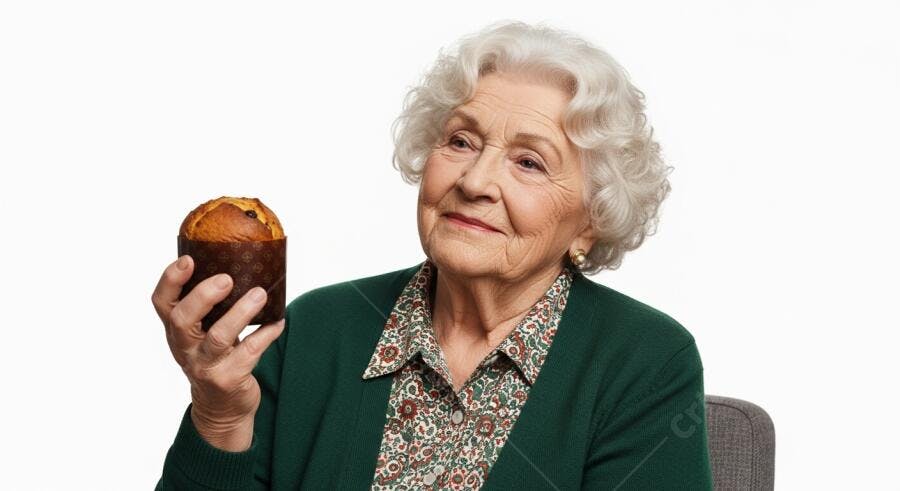 Avó feliz segurando panettone miniatura em fundo branco