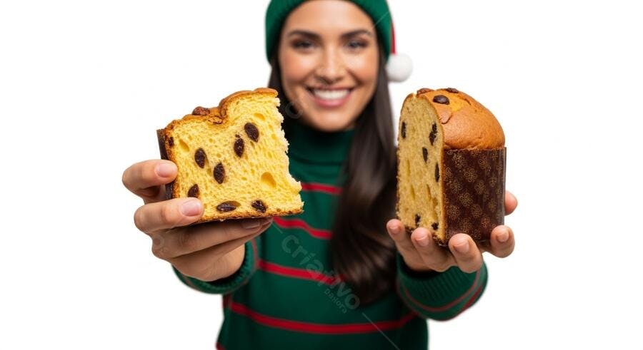 Mulher sorridente com gorro natalino segurando panettones tradicionais de frutas