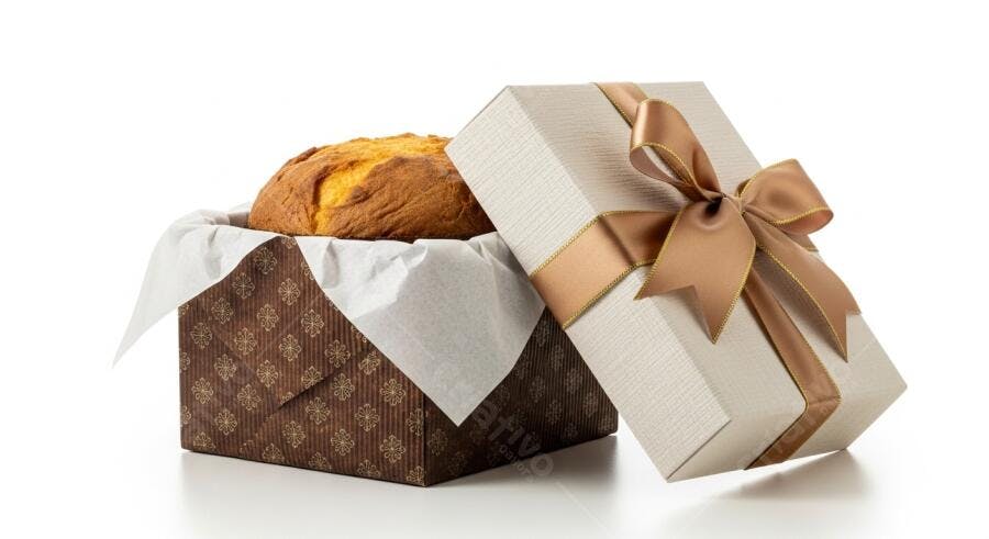 Panettone artesanal em caixa de presente com laço dourado e creme