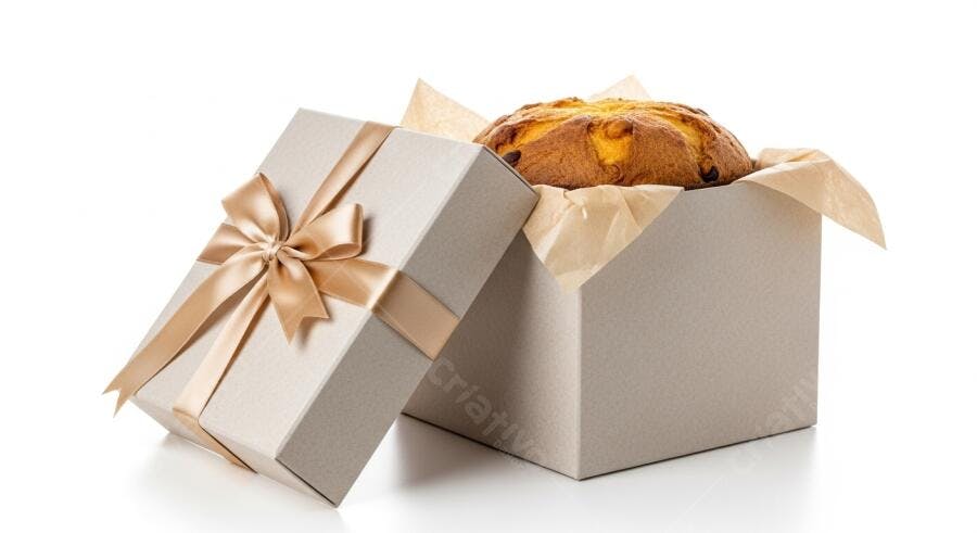 Panetone festivo em caixa de presente elegante com laço dourado em fundo branco