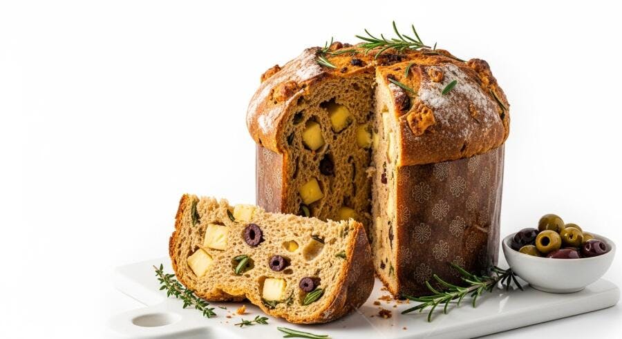 Panettone salgado com queijo azeitonas e alecrim fatiado em fundo branco
