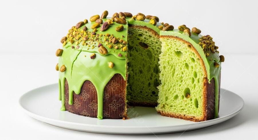 Panettone de pistache fatiado com cobertura verde e miolo vibrante