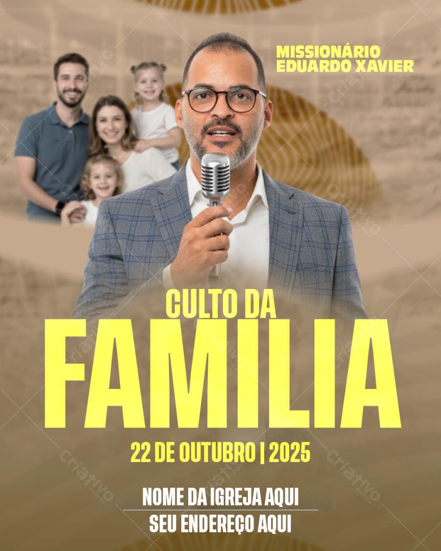 Flyer para Culto da Família com Missionário Eduardo Xavier PSD Editável