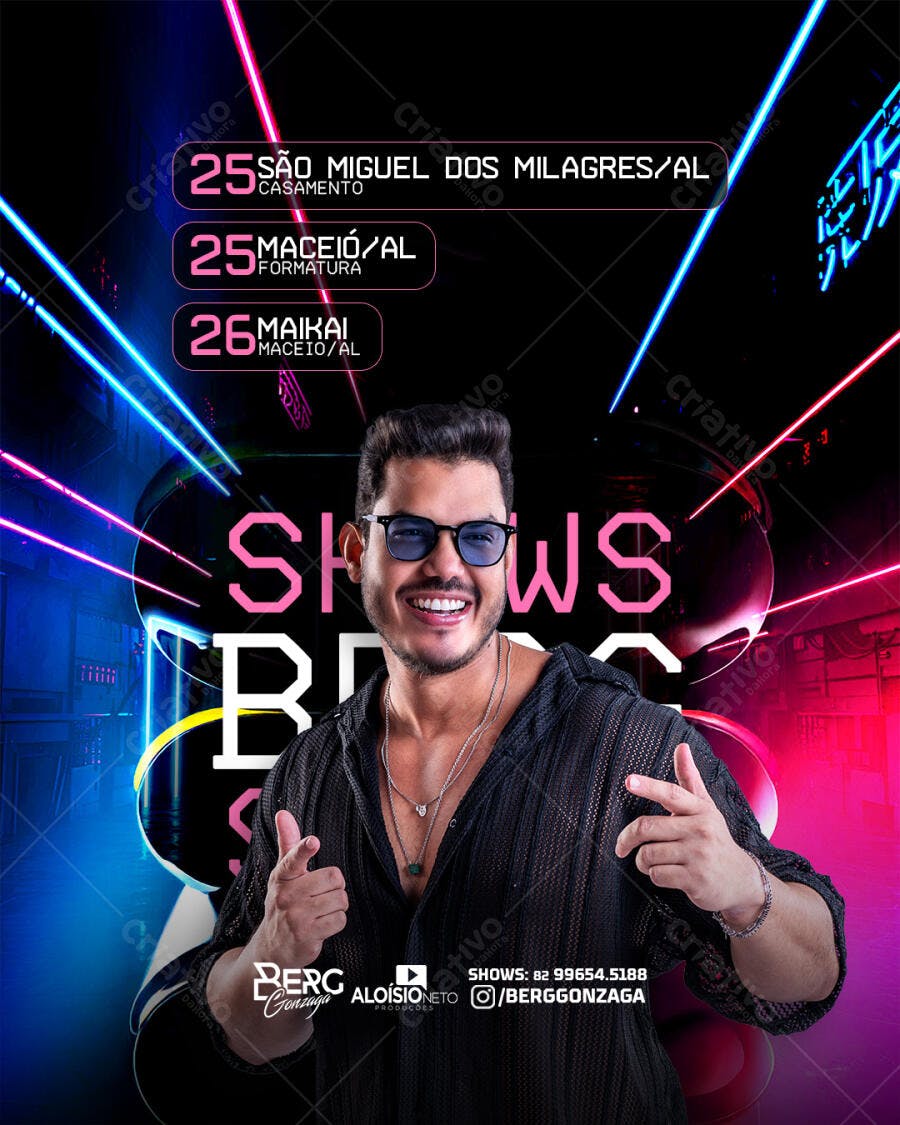 Flyer Shows Berg Gonzaga Evento Balada Neon PSD Editável