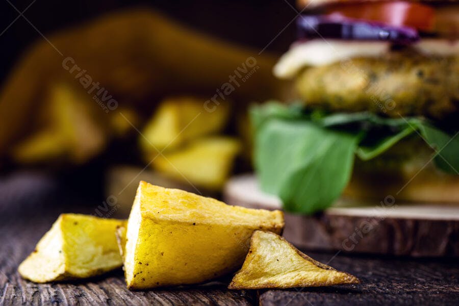Batatas fritas rústicas douradas e hambúrguer vegano em tábua de madeira