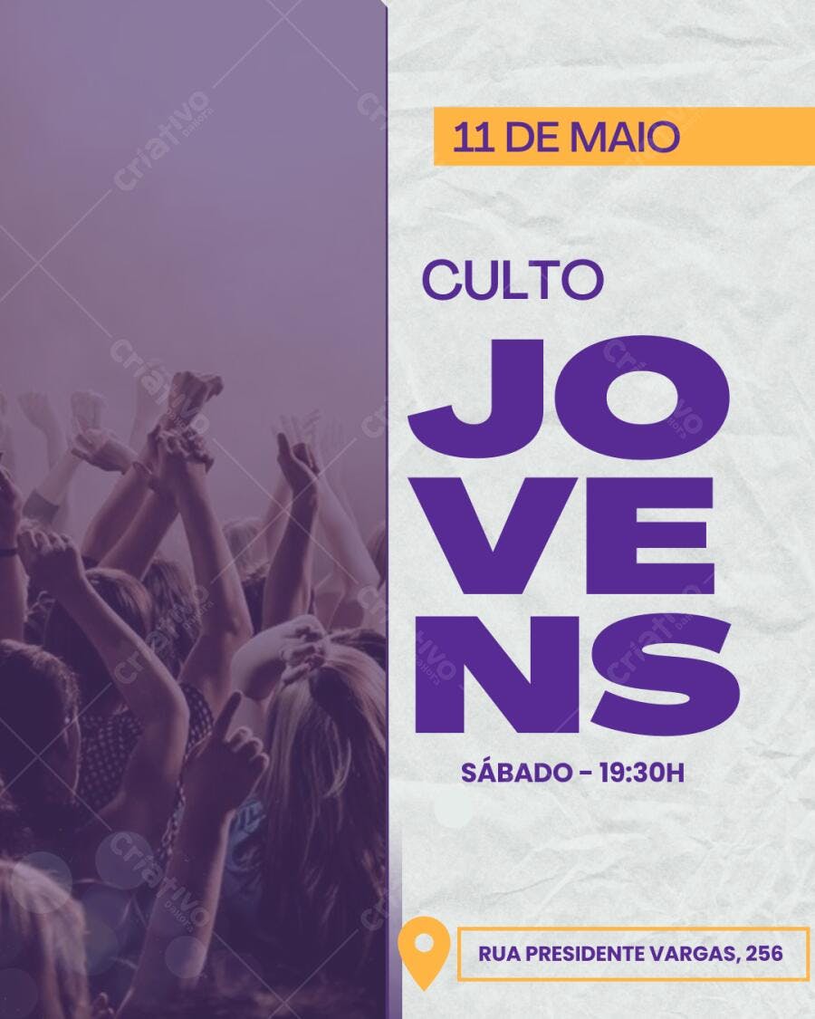 Flyer para Culto de Jovens Igreja Moderno Roxo Editável no Canva