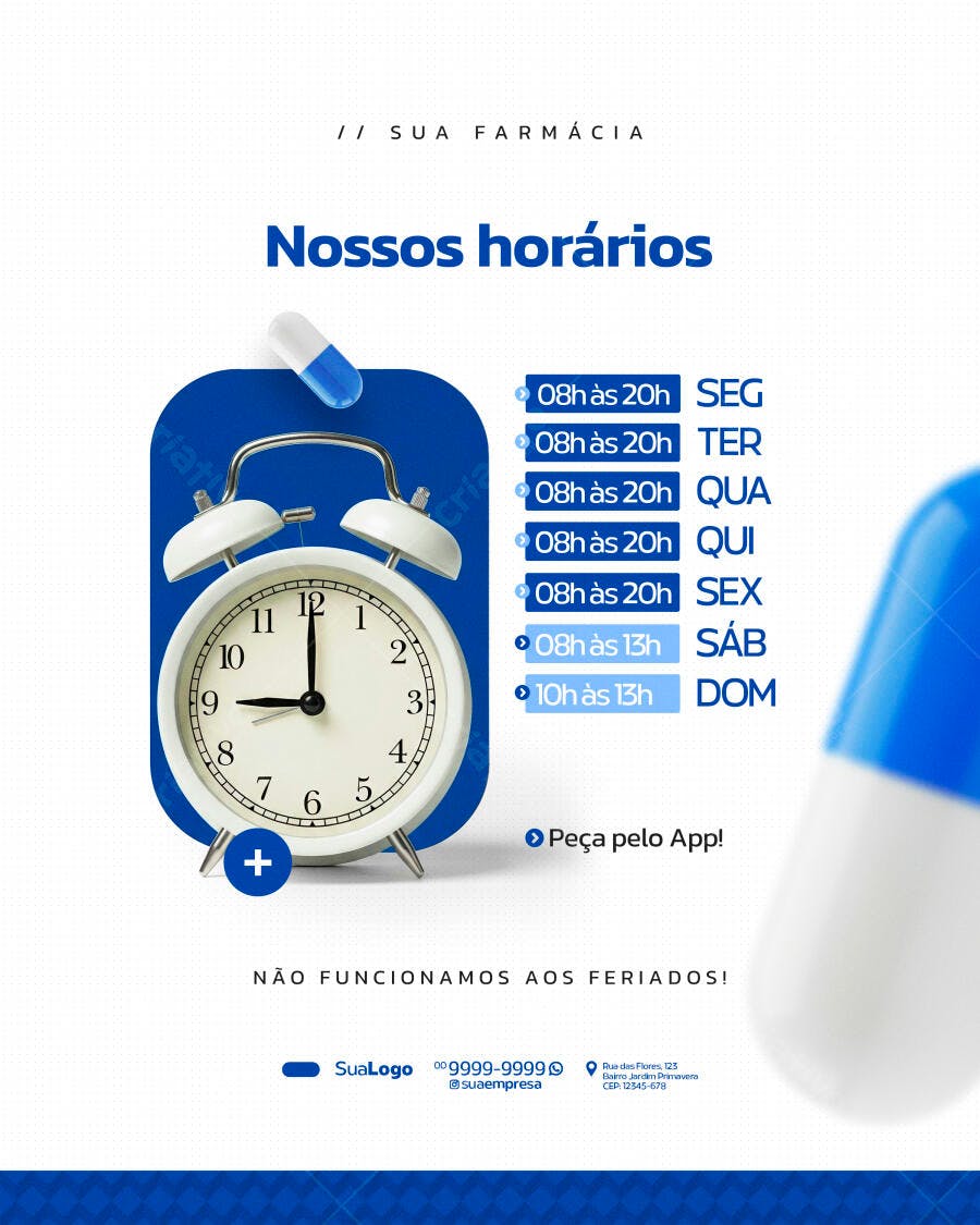 Flyer Horários de Funcionamento para Farmácia PSD Editável