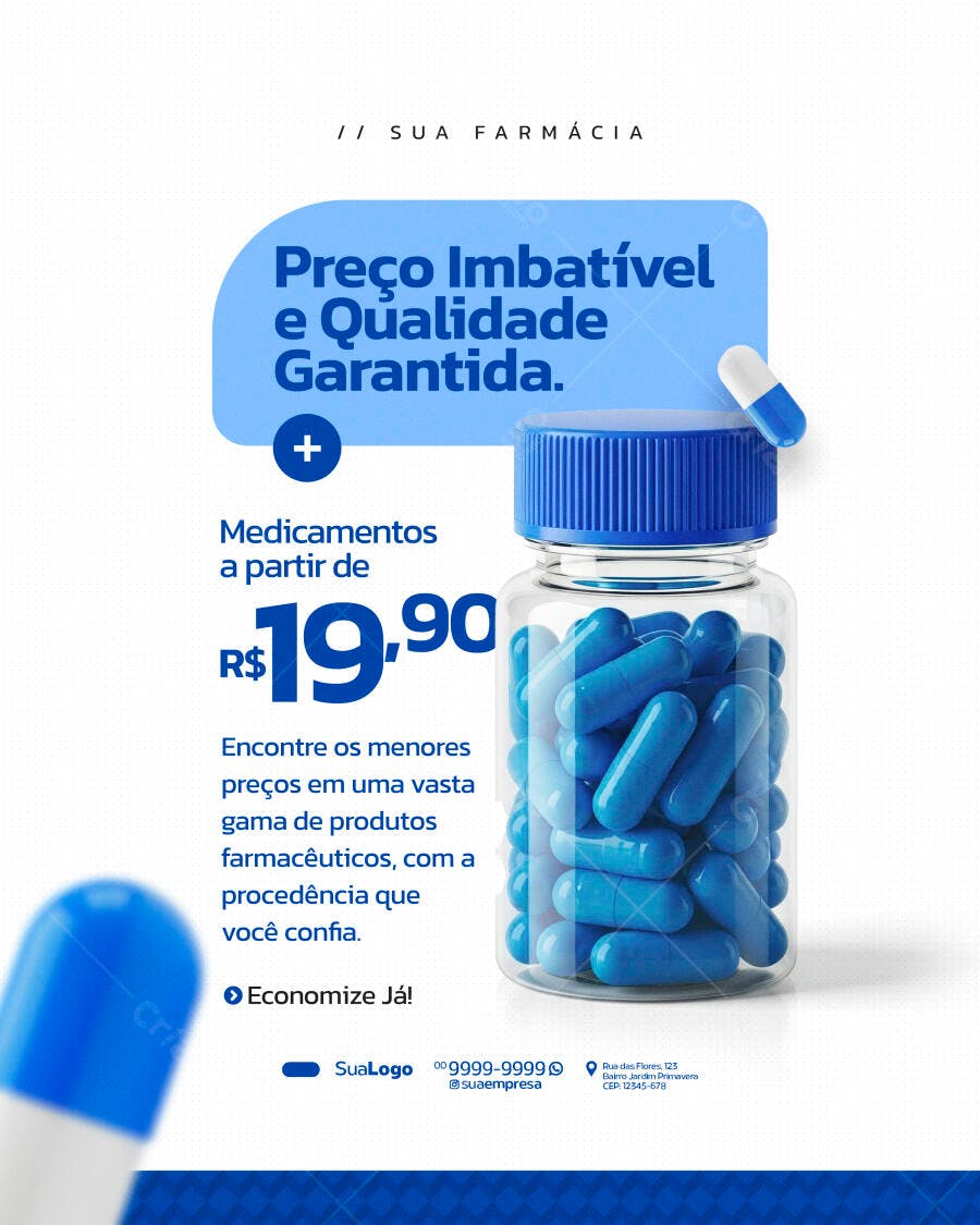 Flyer para Farmácia Promoção de Medicamentos Cápsulas Azuis PSD Editável