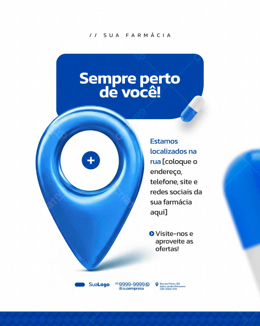 Flyer Farmácia Sempre Perto de Você Localização Psd Editável