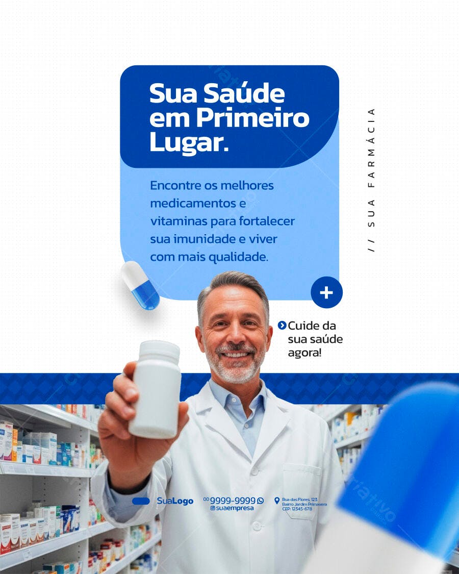 Flyer Farmácia Saúde em Primeiro Lugar PSD Editável