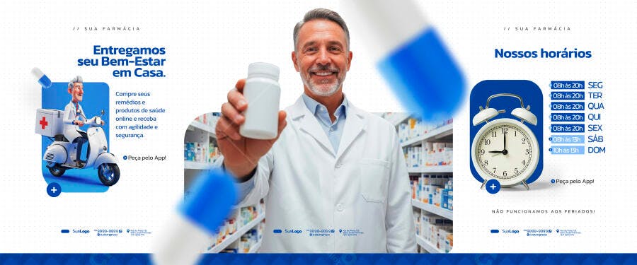 Flyer Farmácia Entrega Medicamentos e Horários PSD Editável