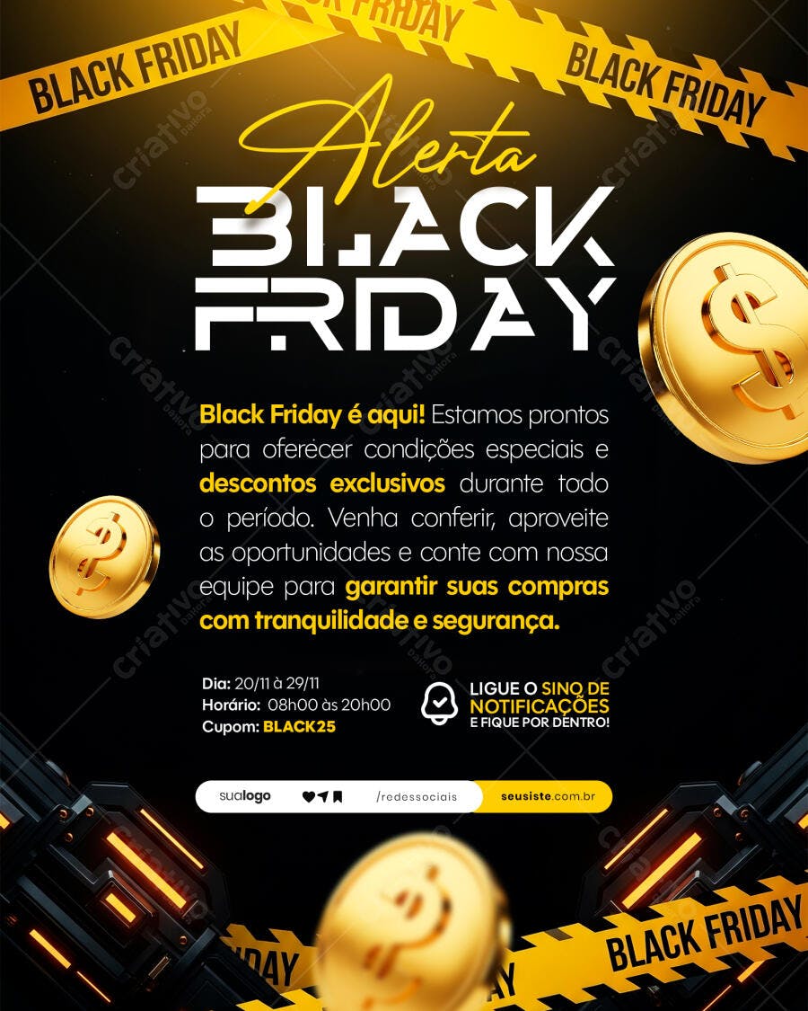 Flyer para Alerta Black Friday Dourado PSD Editável