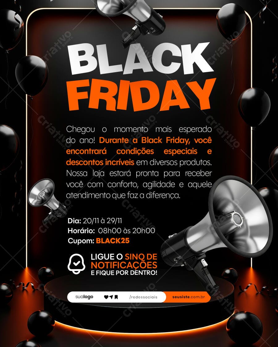 Flyer Black Friday com Balões e Megafone PSD Editável
