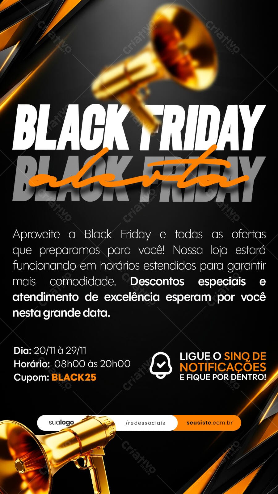 Flyer para Black Friday com Megafone Dourado PSD Editável