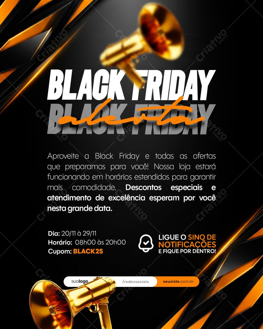 Flyer Black Friday com Megafone Dourado para Ofertas PSD Editável