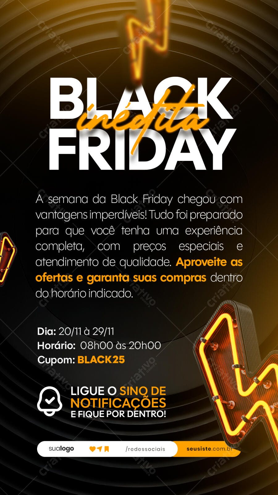 Flyer para Black Friday Inédita com Raio Neon PSD Editável