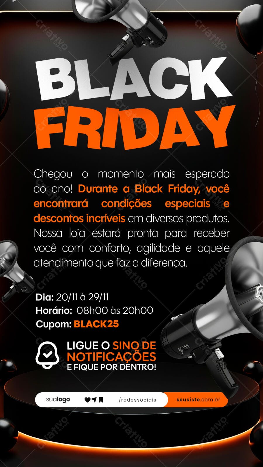 Flyer para Black Friday com Megafone e Balões PSD Editável