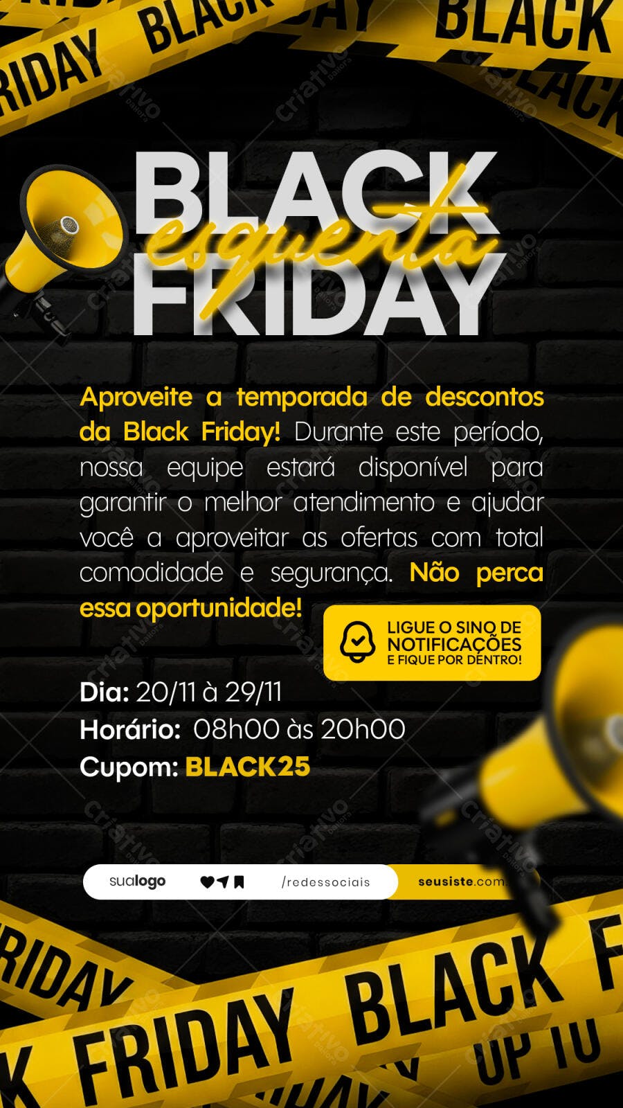 Flyer para Black Friday de Descontos e Megafone PSD Editável