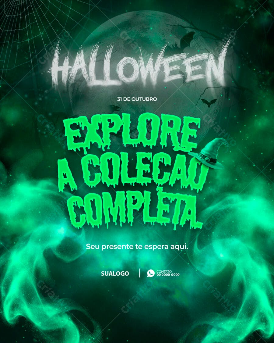 Flyer Halloween com Lua Cheia Morcegos e Chapéu de Bruxa Psd Editável