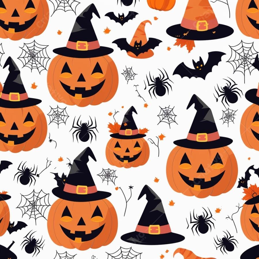 Padrão de abóboras de Halloween sorridentes com chapéus de bruxa aranhas e morcegos
