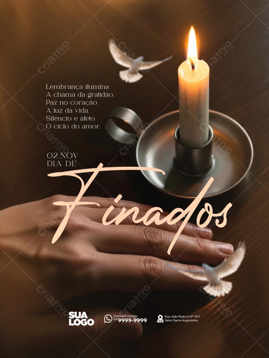 Flyer Dia de Finados com Vela Acesa e Pombas PSD Editável