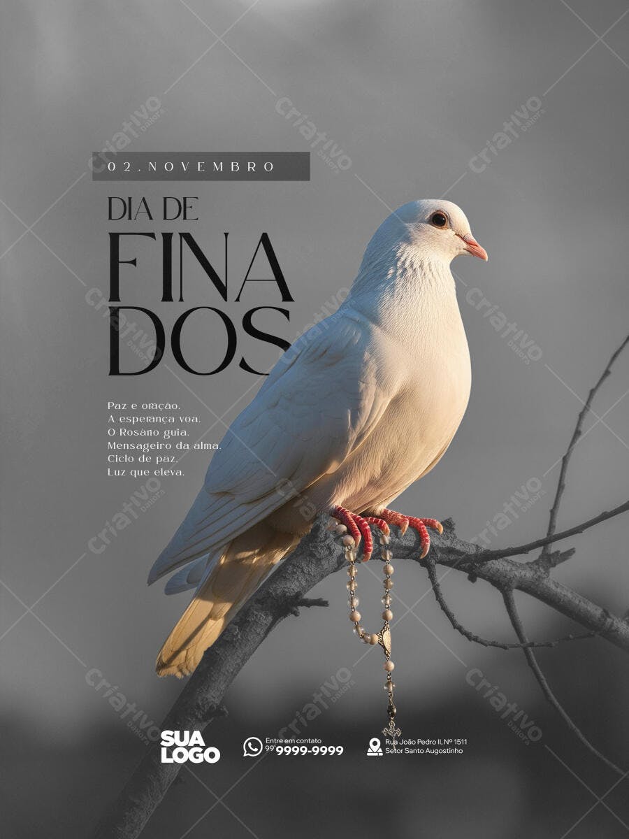 Flyer Cristão Dia de Finados com Pomba Branca e Rosário PSD Editável