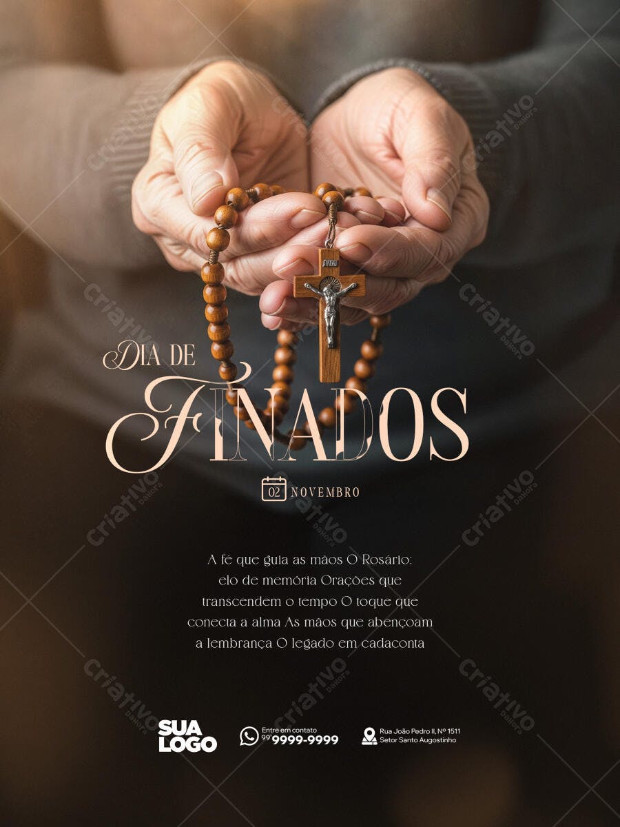 Flyer Dia de Finados com Mãos e Rosário PSD Editável