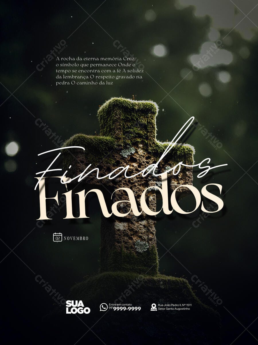 Flyer Dia de Finados com Cruz de Pedra Musgosa PSD Editável