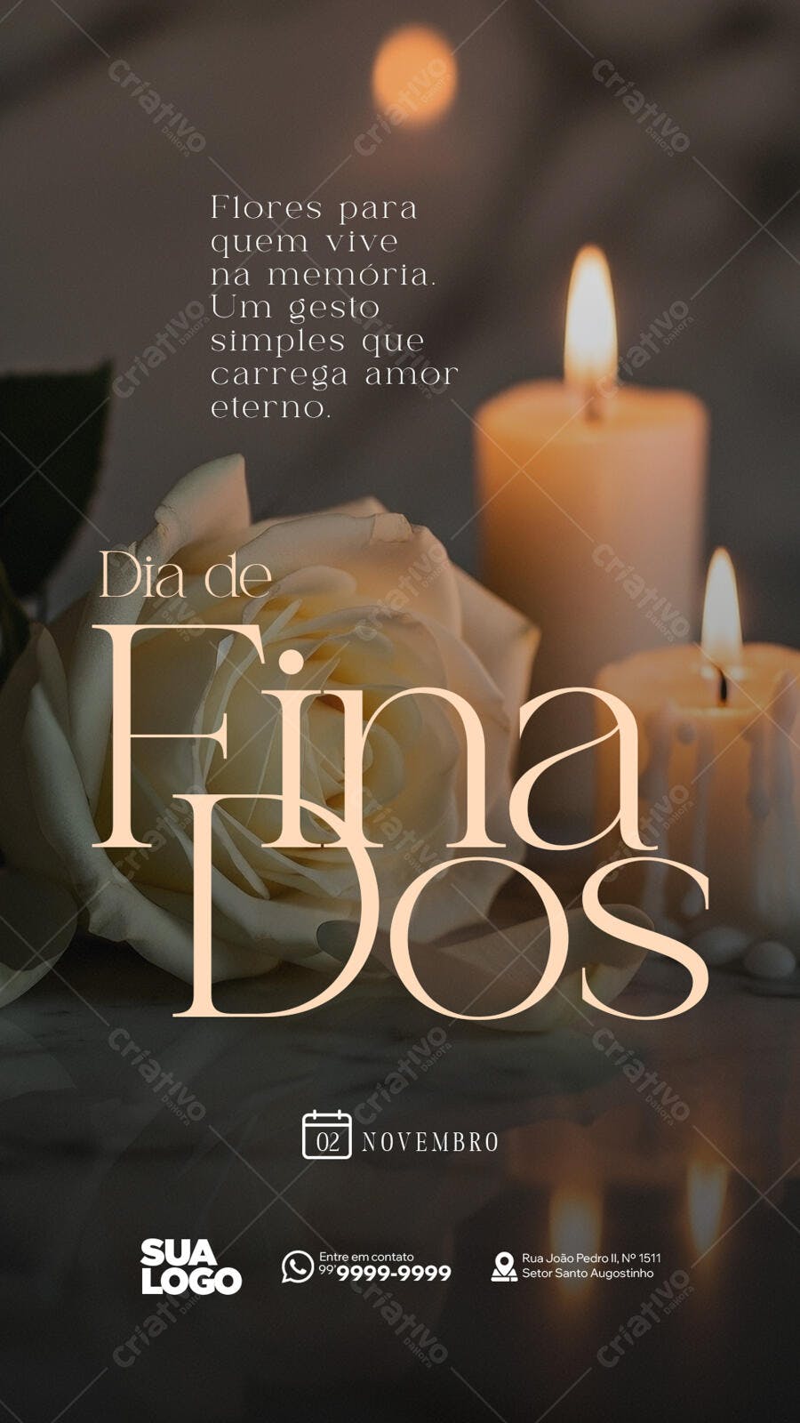 Flyer para Dia de Finados com Rosa Creme e Velas Acesas PSD Editável