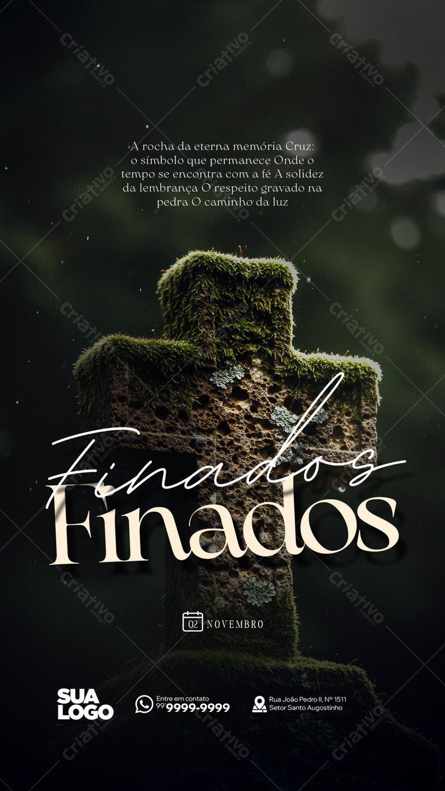 Flyer Vertical Finados Cruz Musgo 02 Novembro PSD Editável