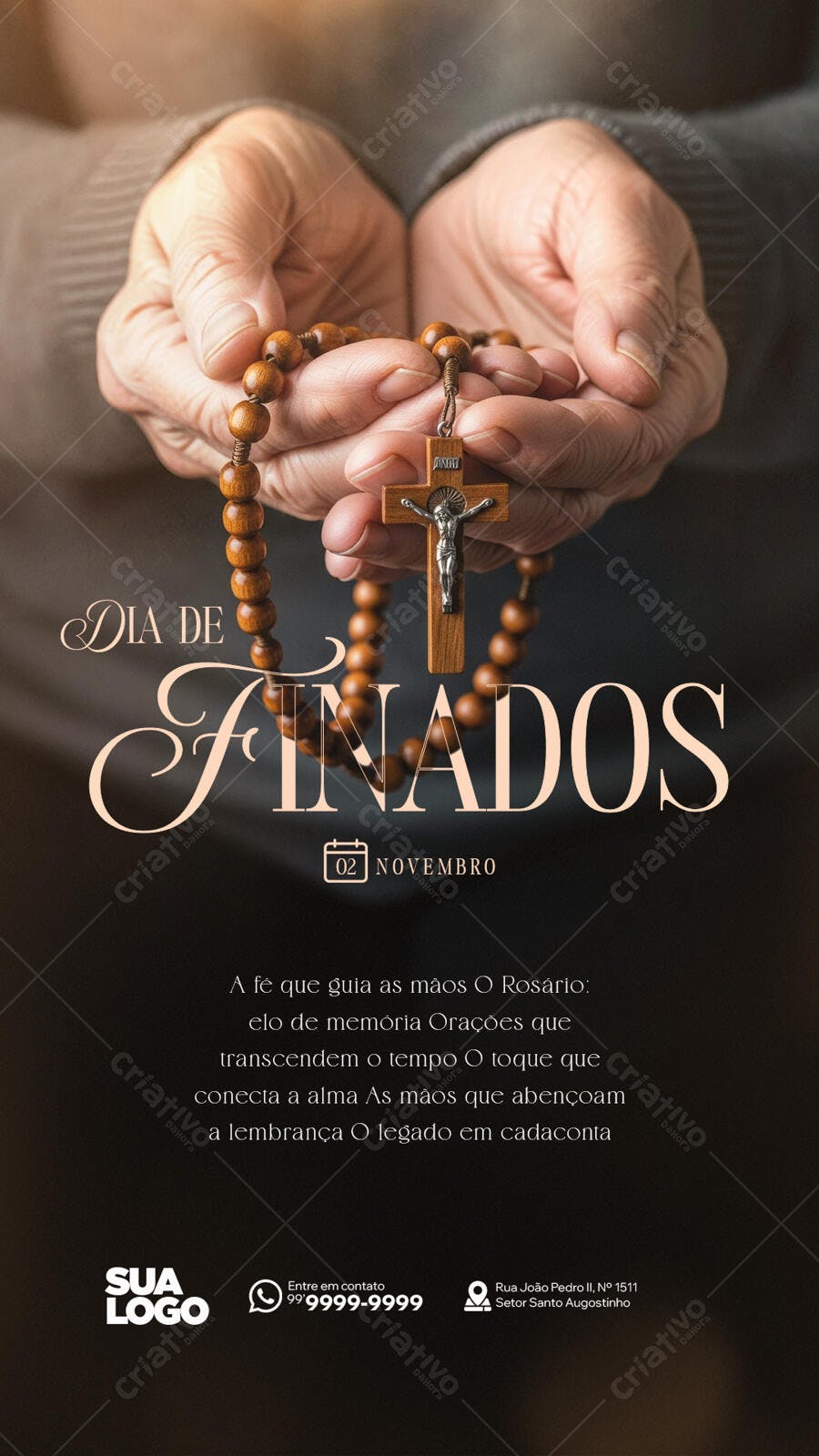 Post para Redes Sociais Dia de Finados com Terço e Mãos PSD Editável