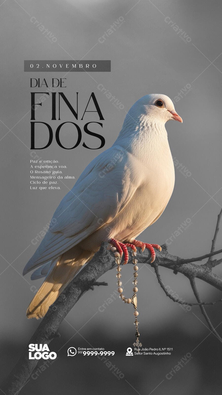 Flyer Dia de Finados com Pomba Branca e Rosário PSD Editável