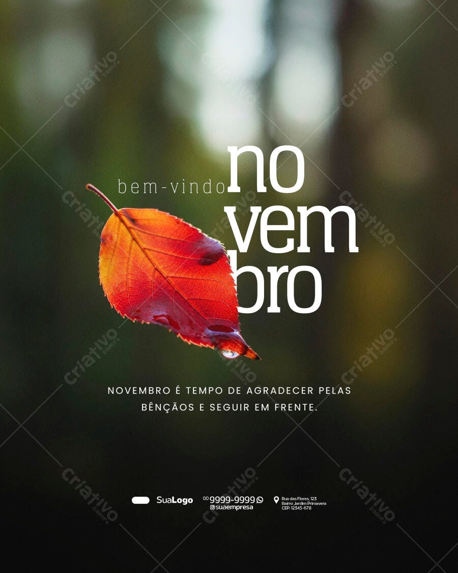 Post Social Bem-vindo Novembro Folha Outono PSD Editável